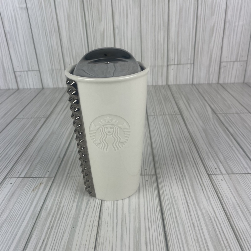 Starbucks 2014 White Ceramic Silver Studded Travel‎ Tumbler Coffee Mug 10oz